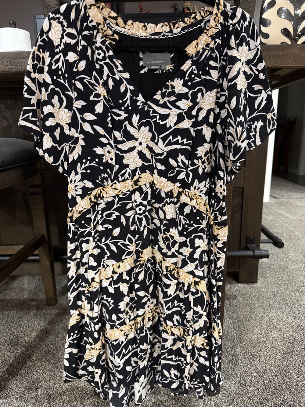 Anthropologie Black Midi Dress with Cream Floral and Gold Trim